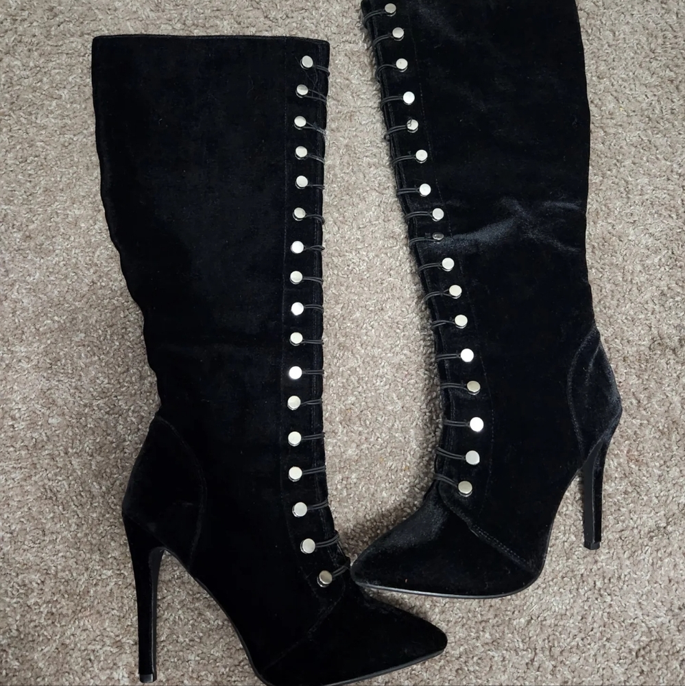 Black velvet knee high boots
